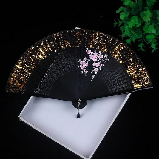 Antiquity Folding Fan Chinese Classical Sprinkle Gold Silver Exquisite Hand Fan Hanfu Cheongsam Ventilador Catwalk Photo Props