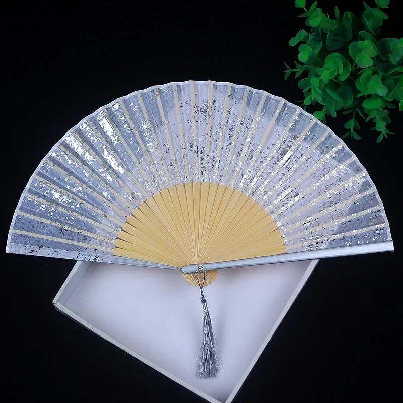 Antiquity Folding Fan Chinese Classical Sprinkle Gold Silver Exquisite Hand Fan Hanfu Cheongsam Ventilador Catwalk Photo Props