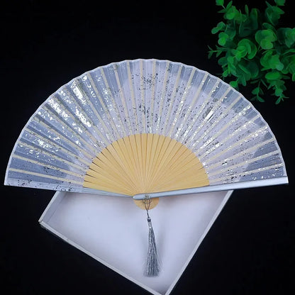 Antiquity Folding Fan Chinese Classical Sprinkle Gold Silver Exquisite Hand Fan Hanfu Cheongsam Ventilador Catwalk Photo Props