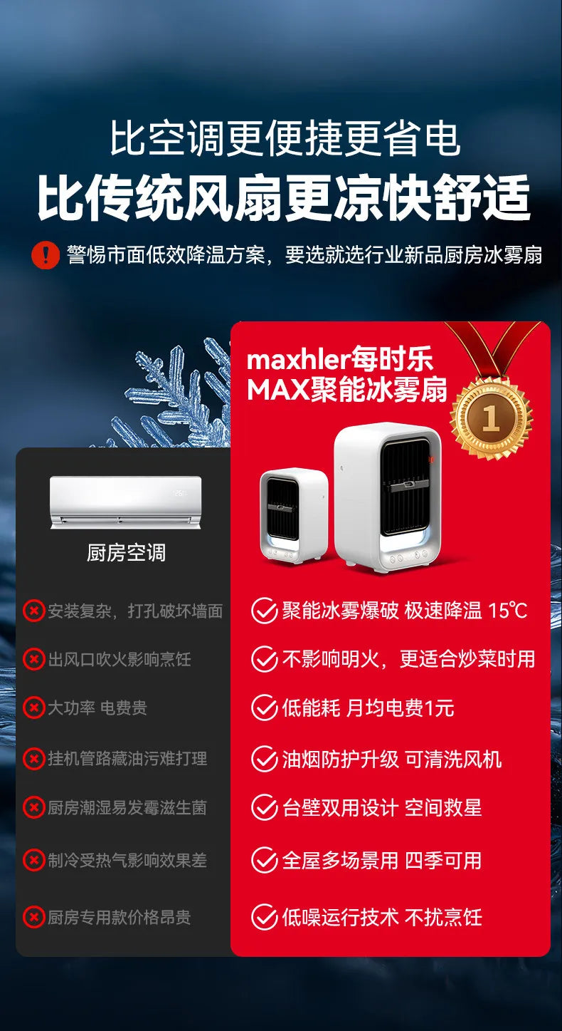 Powerful No Punch Wall Hanging Ice Mist Fan Mini Kitchen Cooling Air Conditioner Ceiling Mount Cooler Fan