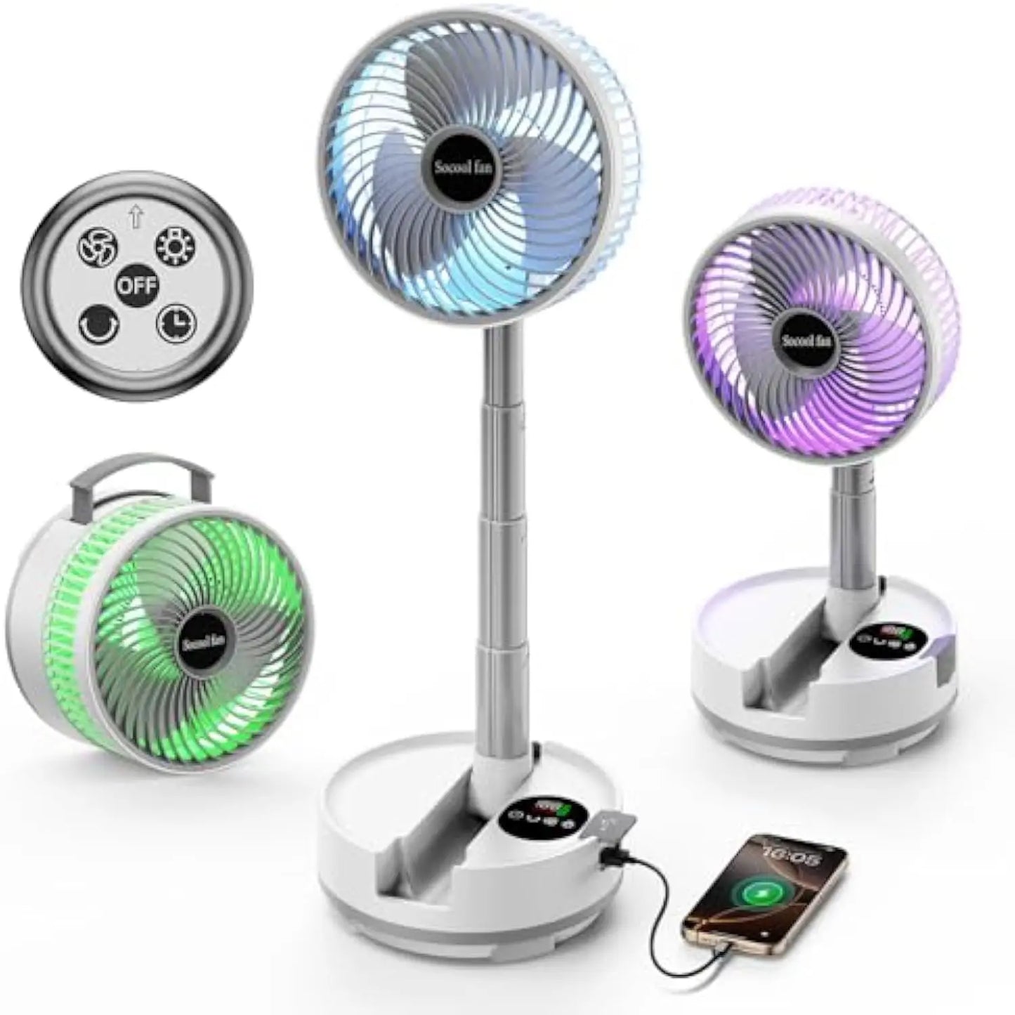 New 20000mAh Foldable Fan with Remote/Light/Timer 9 Speeds Detachable Oscillating Standing Fan Portable Rechargeable Camping Fan